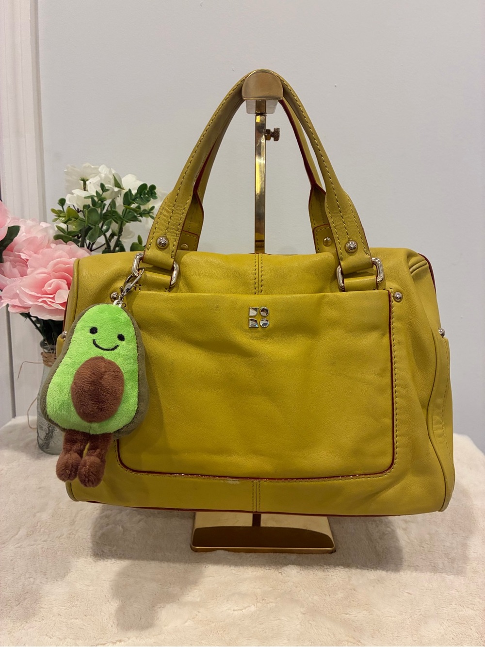 kate spade Vintage Chartreuse Leather Satchel with Red Contrast Piping